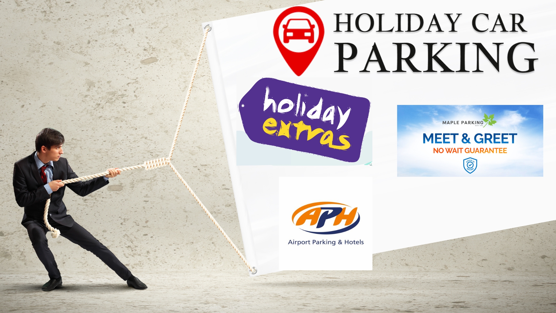 Logos of trusted UK airport parking companies like APH and Purple Parking
