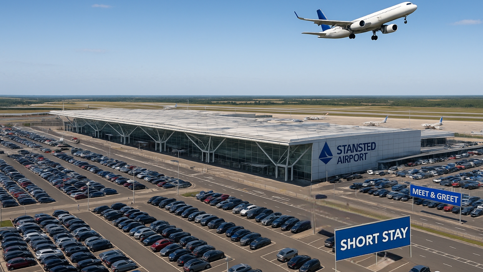 Aerial view of Stansted Airport car parking areas including short stay, mid stay, and long stay options
