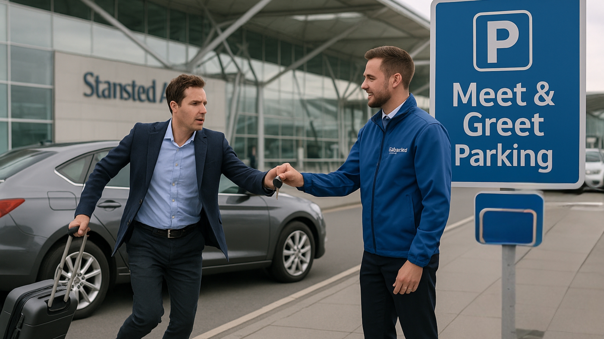 Driver handing over keys at Stansted Airport Meet & Greet parking area for last-minute travel
