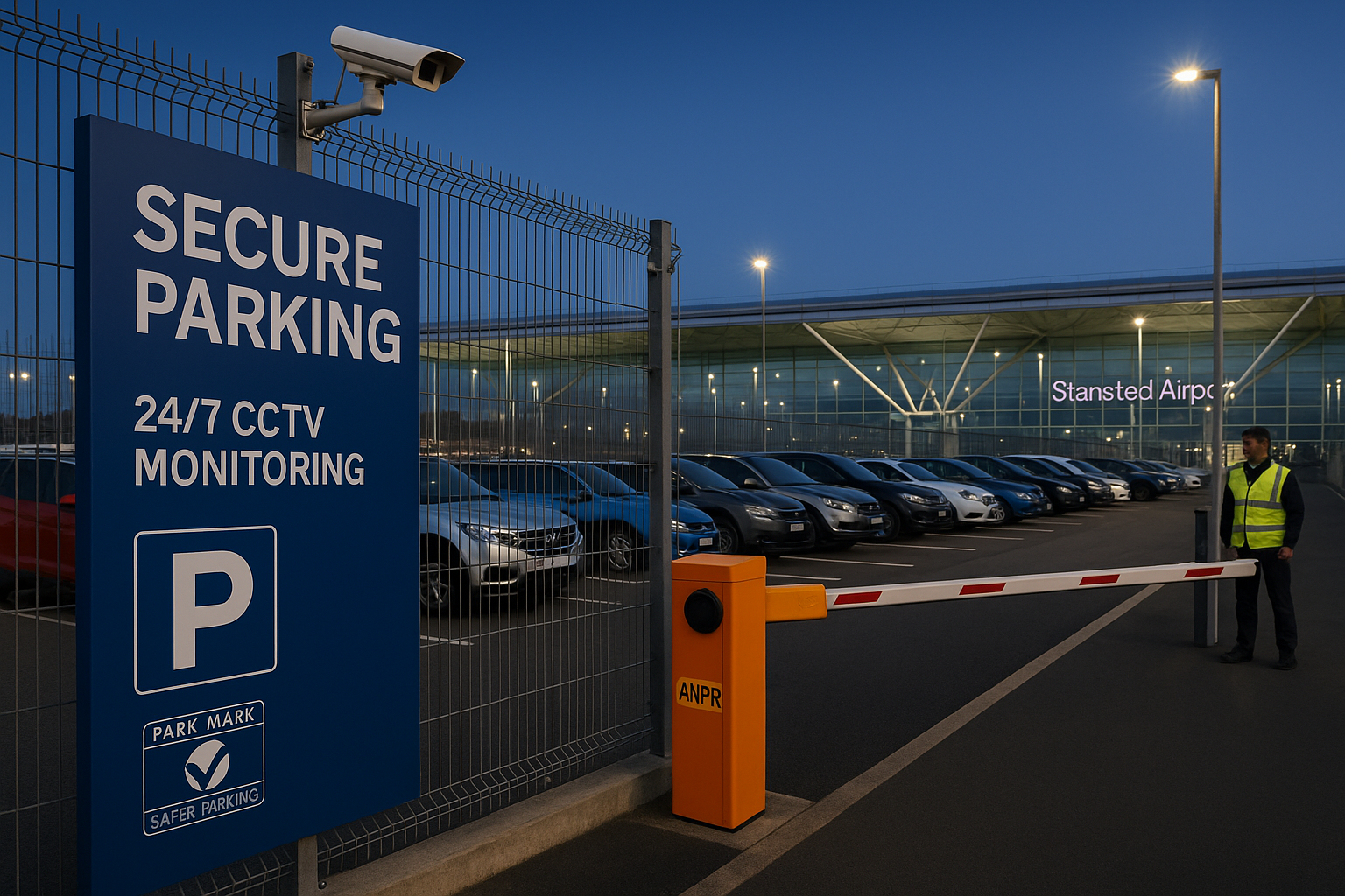 Gated car park at Stansted with security cameras, lighting, and ANPR barrier entry
