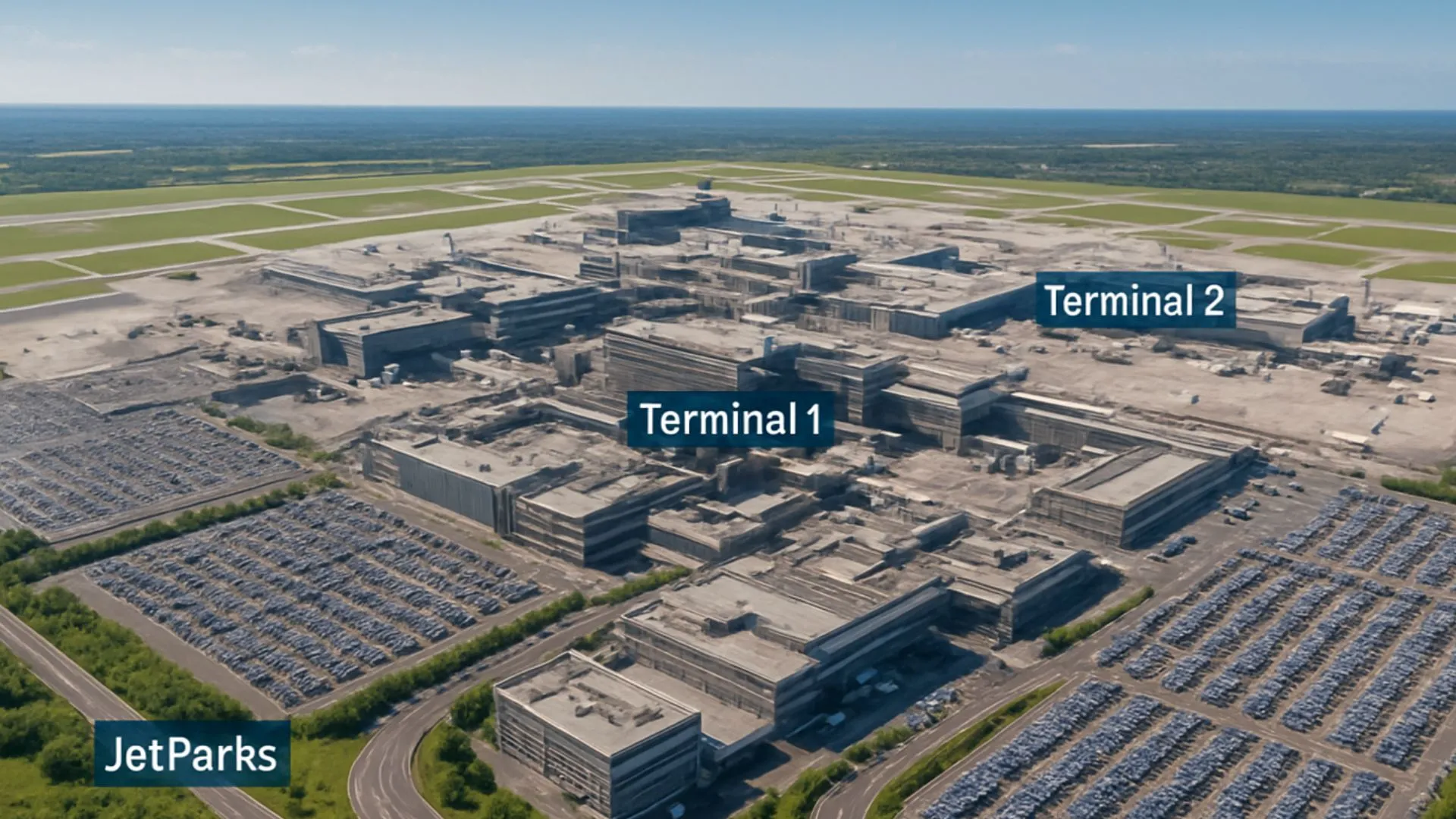 Manchester Airport Terminals and Parking Overview
Aerial view of Manchester Airport terminals with surrounding car parks.