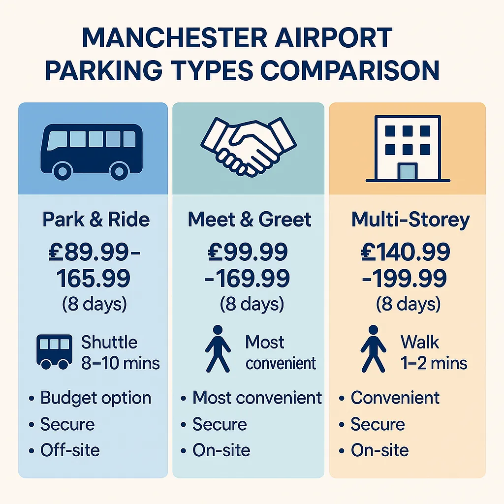 Manchester Airport Parking Types Comparison
Infographic comparing Meet & Greet, Park & Ride, and Multi-Storey parking.