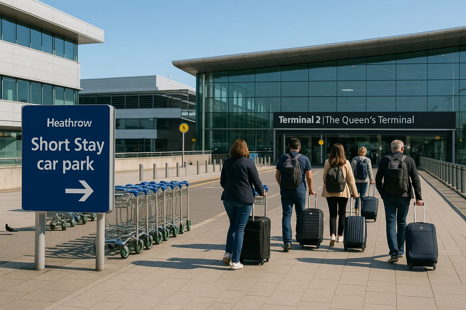 Travelers with luggage walking from Short Stay car park to Heathrow terminal.
