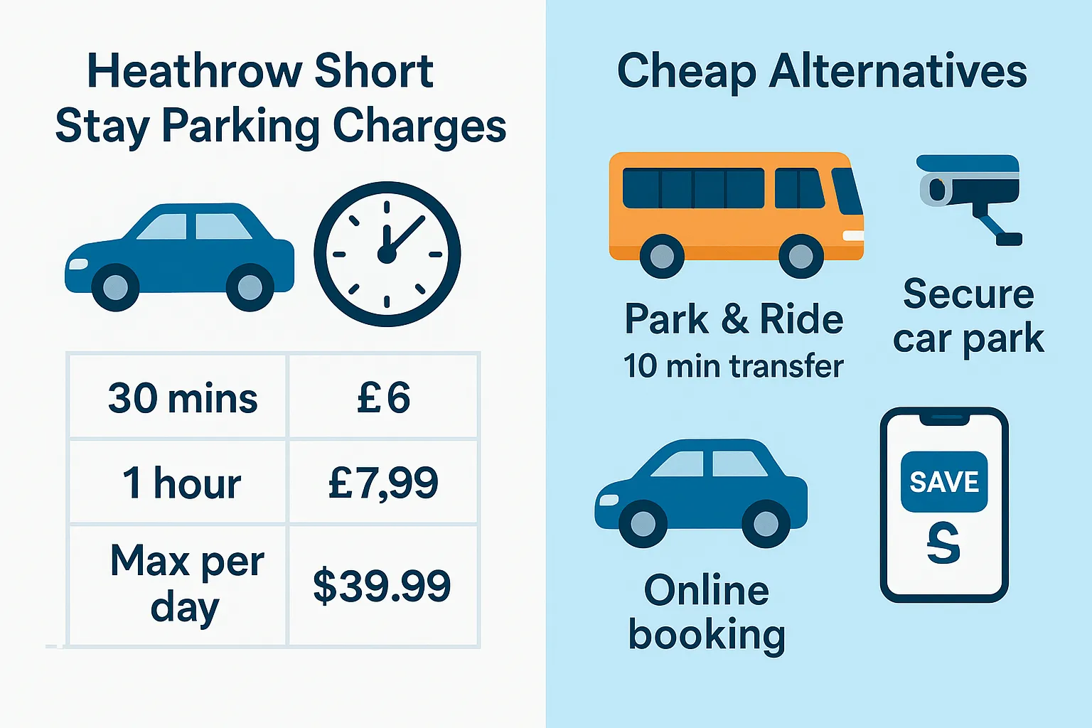 Infographic comparing Heathrow Short Stay Parking charges (£6 for 30 mins, £7.99 for 1 hour, £39.99 max per day) with cheap alternatives like Park & Ride shuttle, secure car park, and online booking savings.