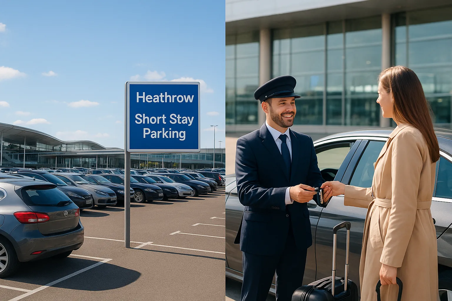 Heathrow short stay parking with valet handing car keys to traveler.
