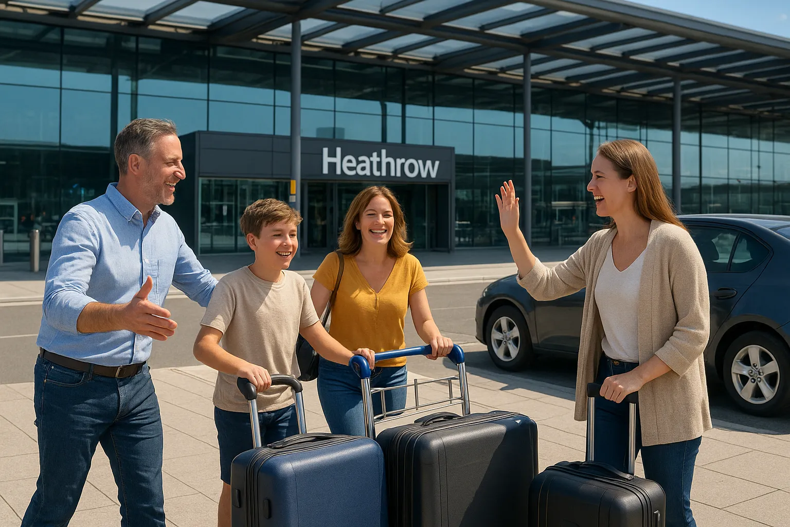 Family greeting with luggage at Heathrow terminal.

