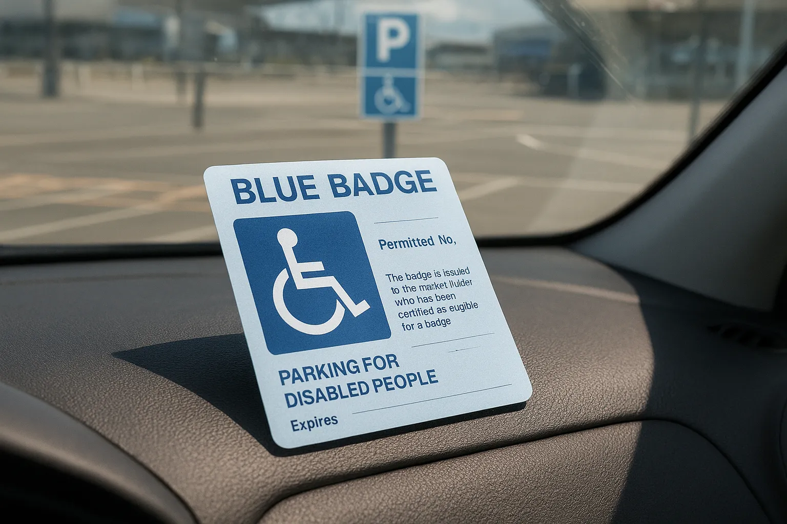 Blue Badge permit on car dashboard.
