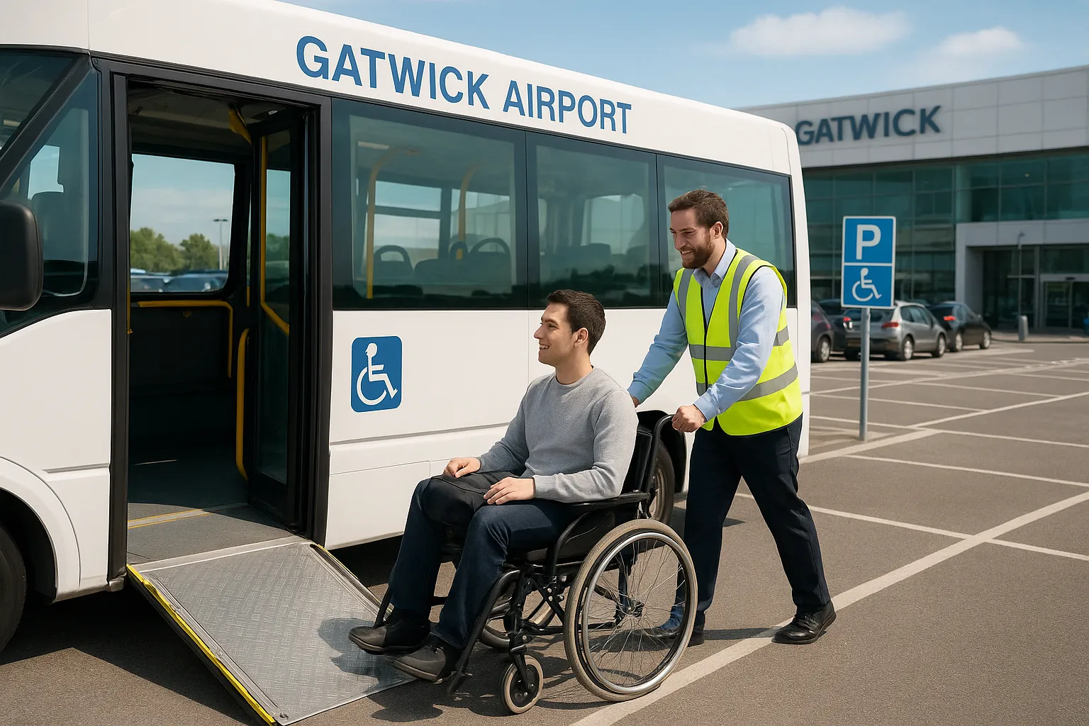 Gatwick Airport accessible shuttle bus with ramp.


