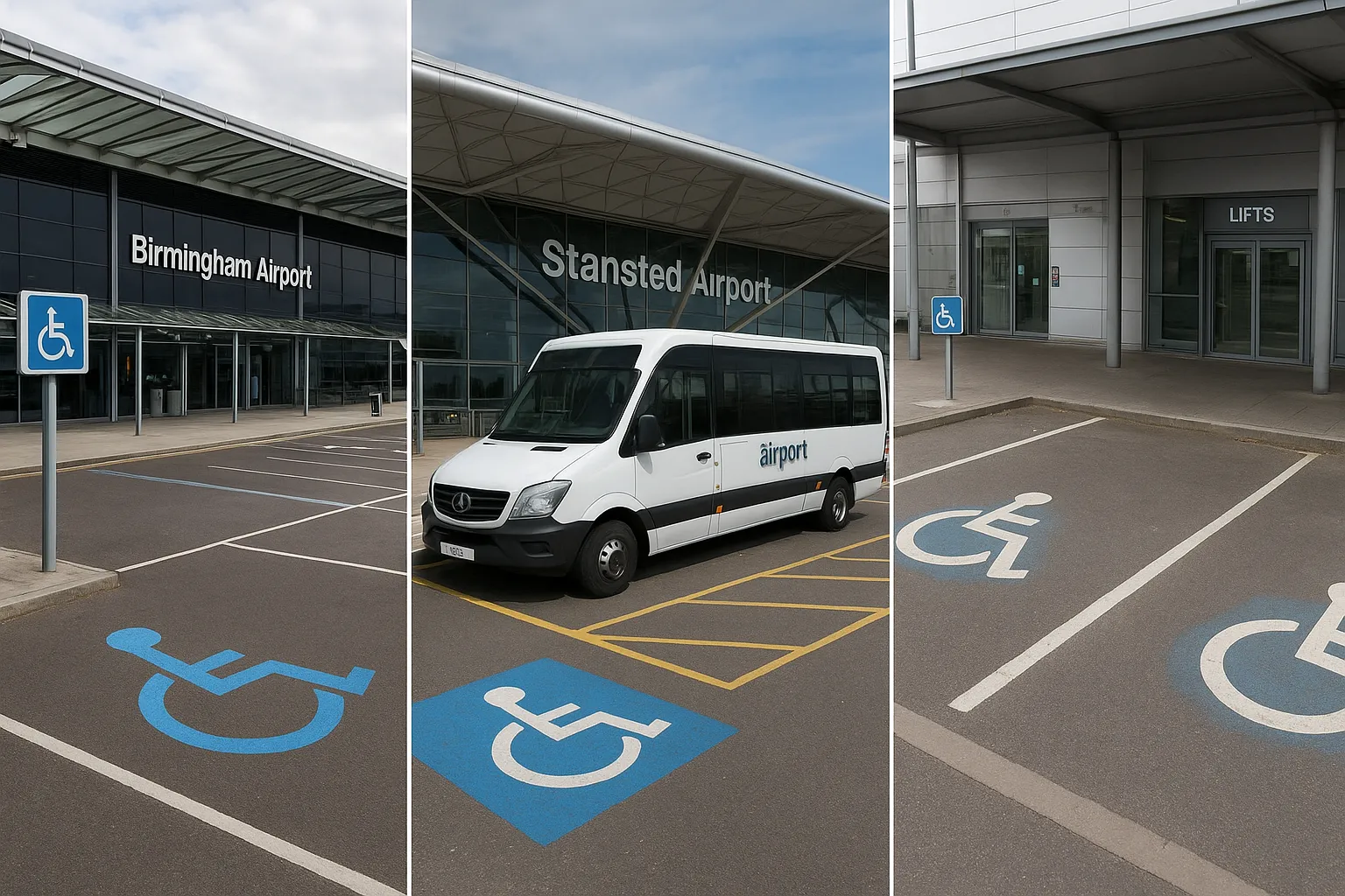 Disabled parking bays at Birmingham, Stansted, and Luton Airports.
