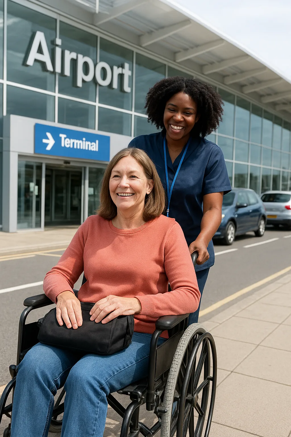 Traveler in wheelchair with carer at airport drop-off.

