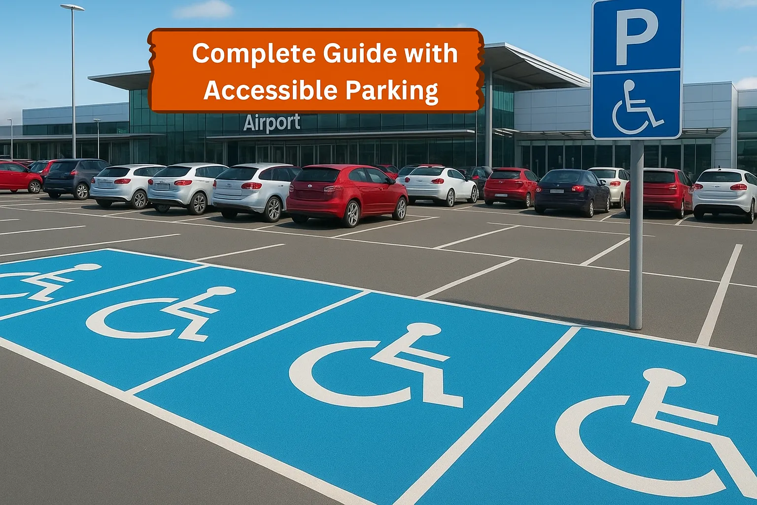Accessible parking spaces marked with blue signs at an airport parking lot.
